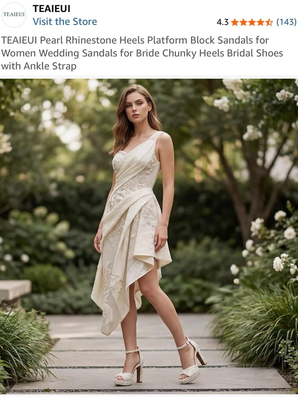 Pearl-Embellished Cream Platform Block Heels with Ankle Strap